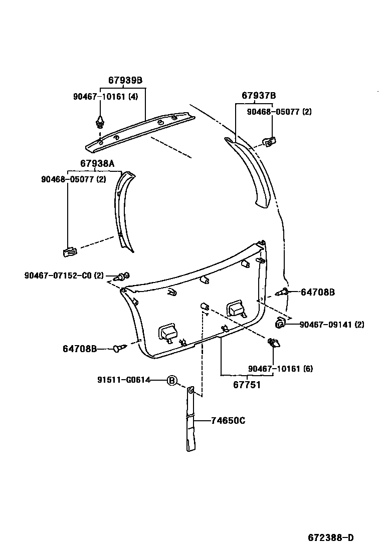 Toyota COROLLA 背门板和背门玻璃 EPC diagram — 672388D