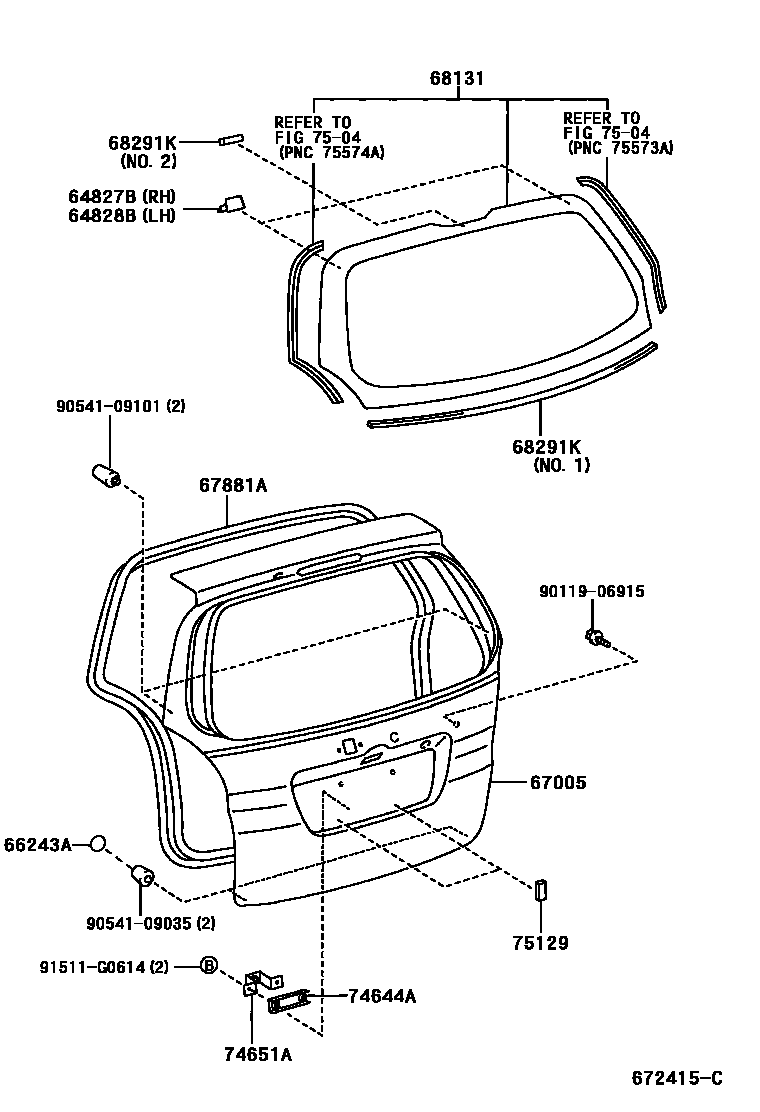Toyota COROLLA 背门板和背门玻璃 EPC diagram — 672415C