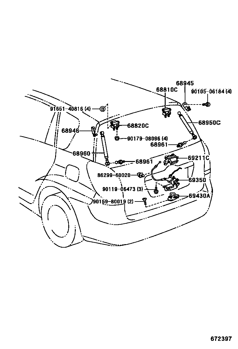 Toyota COROLLA 背门锁和背门把手 EPC diagram — 672397