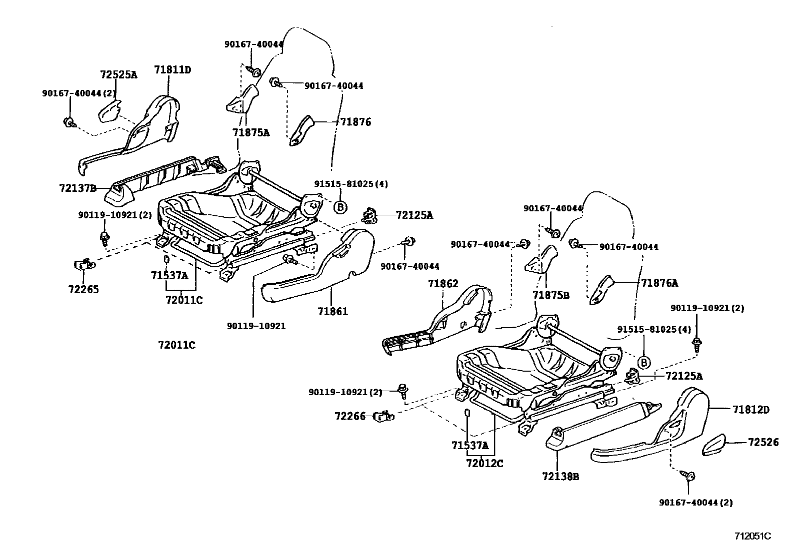 Toyota COROLLA 前排座椅和座椅滑轨 EPC diagram — 712051C