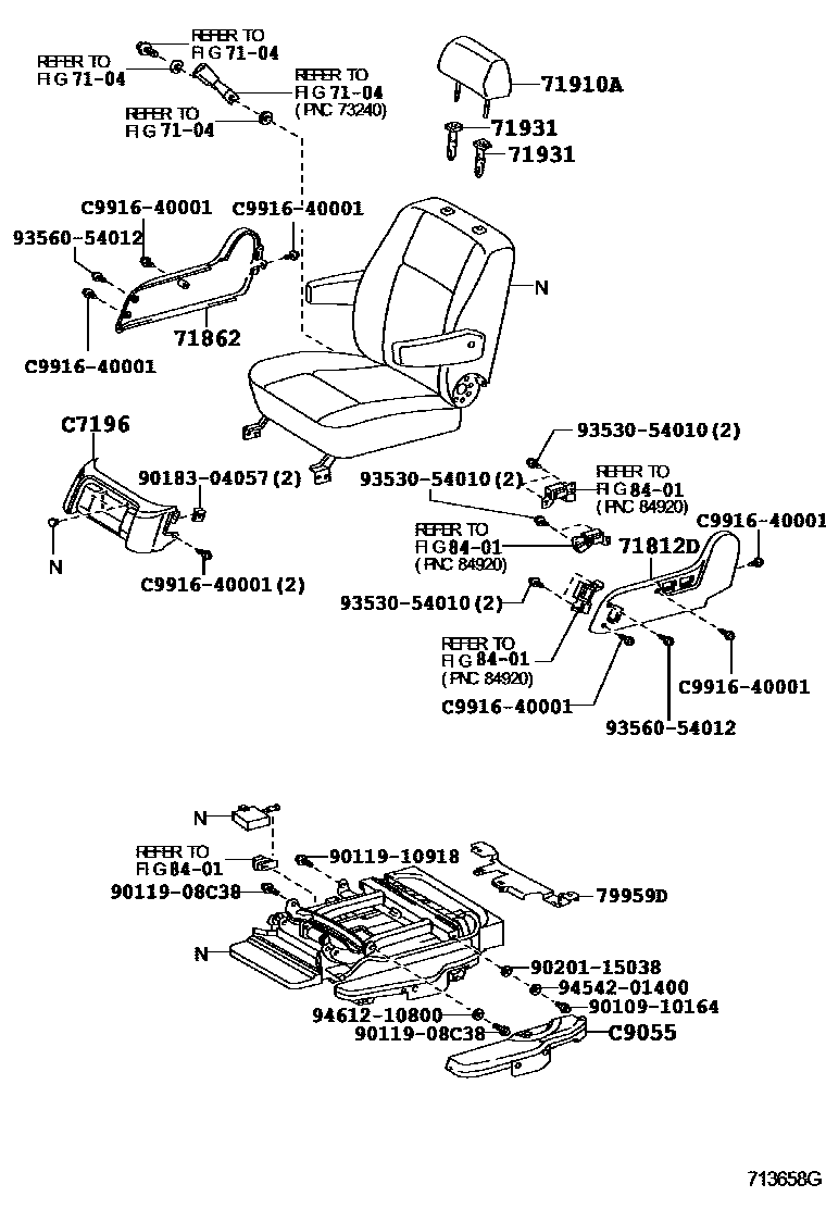Toyota COROLLA 前排座椅和座椅滑轨 EPC diagram — 713658G