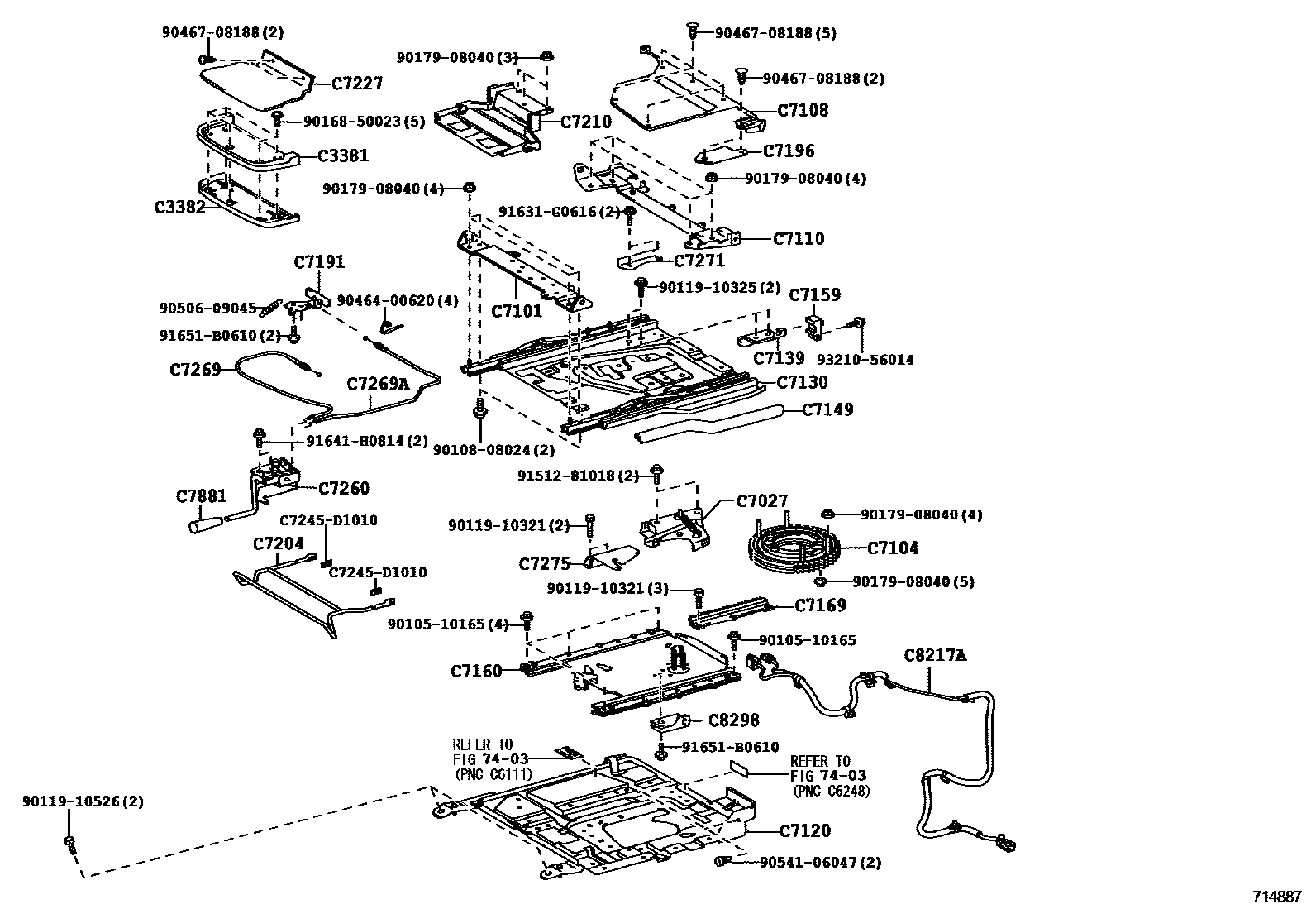 Toyota COROLLA 前排座椅和座椅滑轨 EPC diagram — 714887B