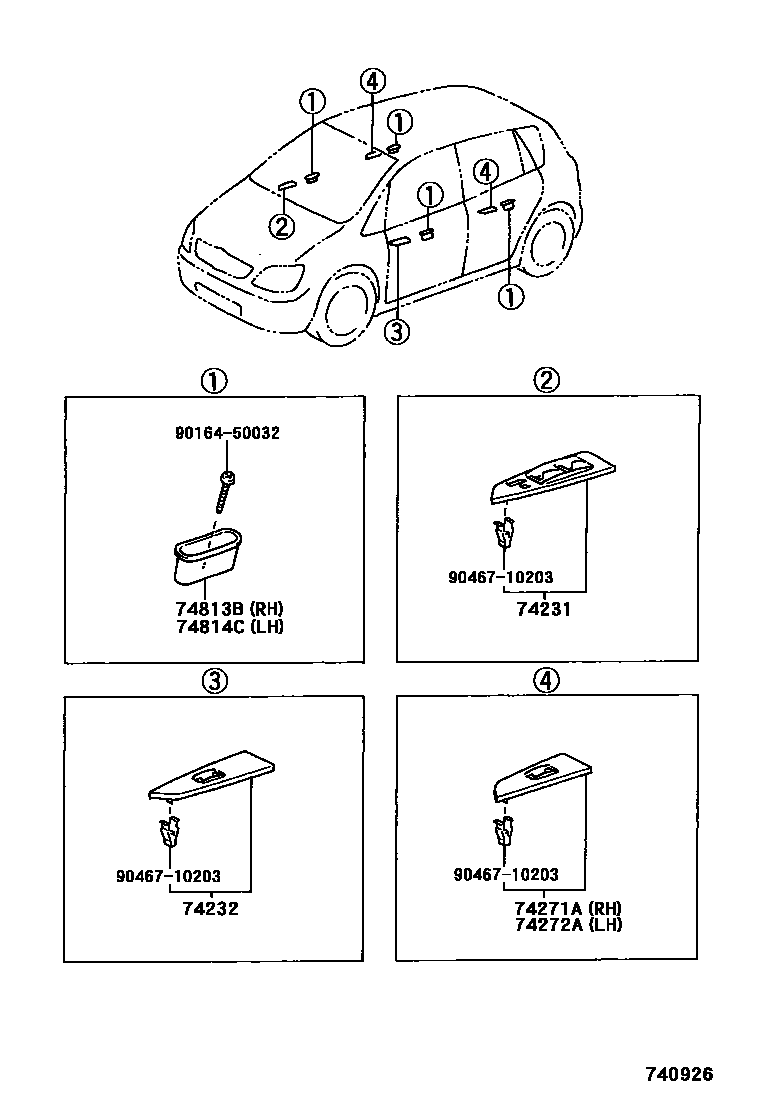 Toyota COROLLA 扶手和遮阳板 EPC diagram — 740926