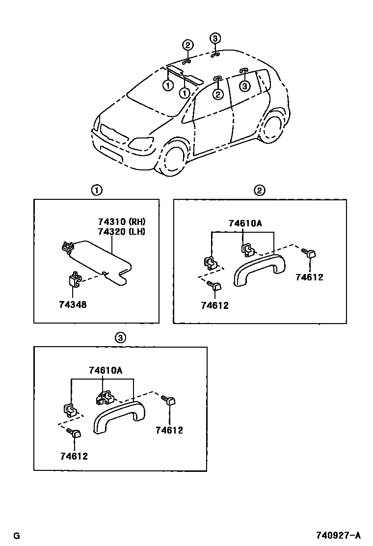 Toyota COROLLA 扶手和遮阳板 EPC diagram — 740927A