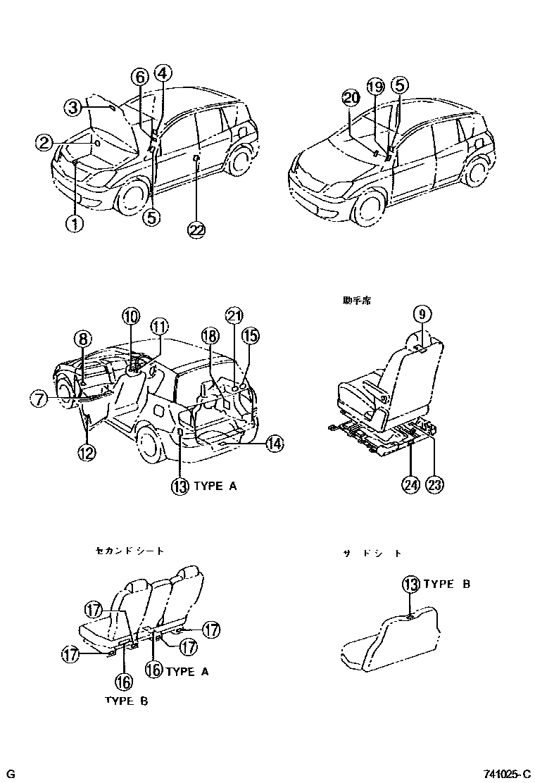 Toyota COROLLA 警示铭牌(车外和车内) EPC diagram — 741025C