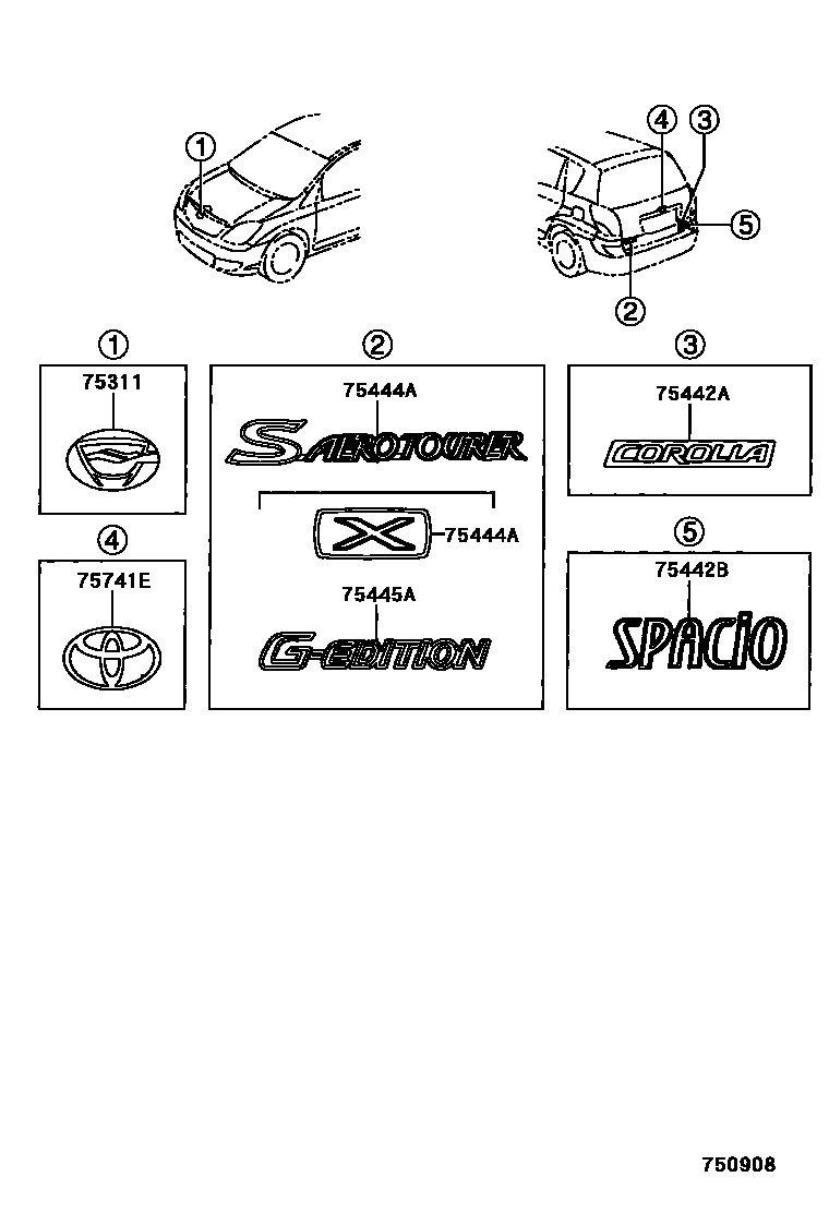 Toyota COROLLA 丰田徽标和铭牌(车外和车内) EPC diagram — 750908