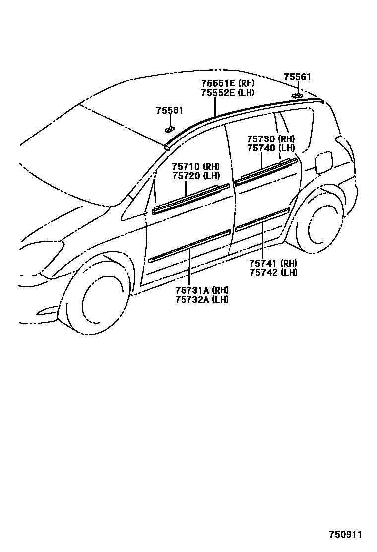 Toyota COROLLA 侧防护条 EPC diagram — 750911