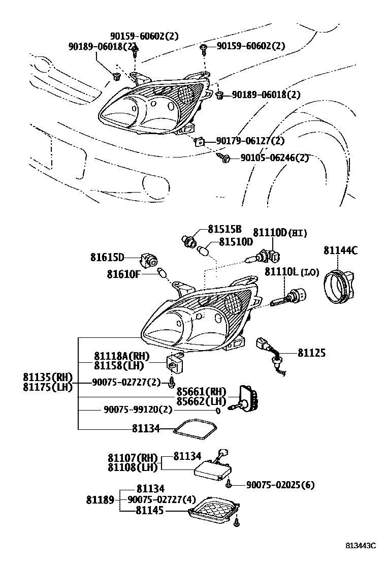 Toyota COROLLA Headlamp EPC diagram — 813443C