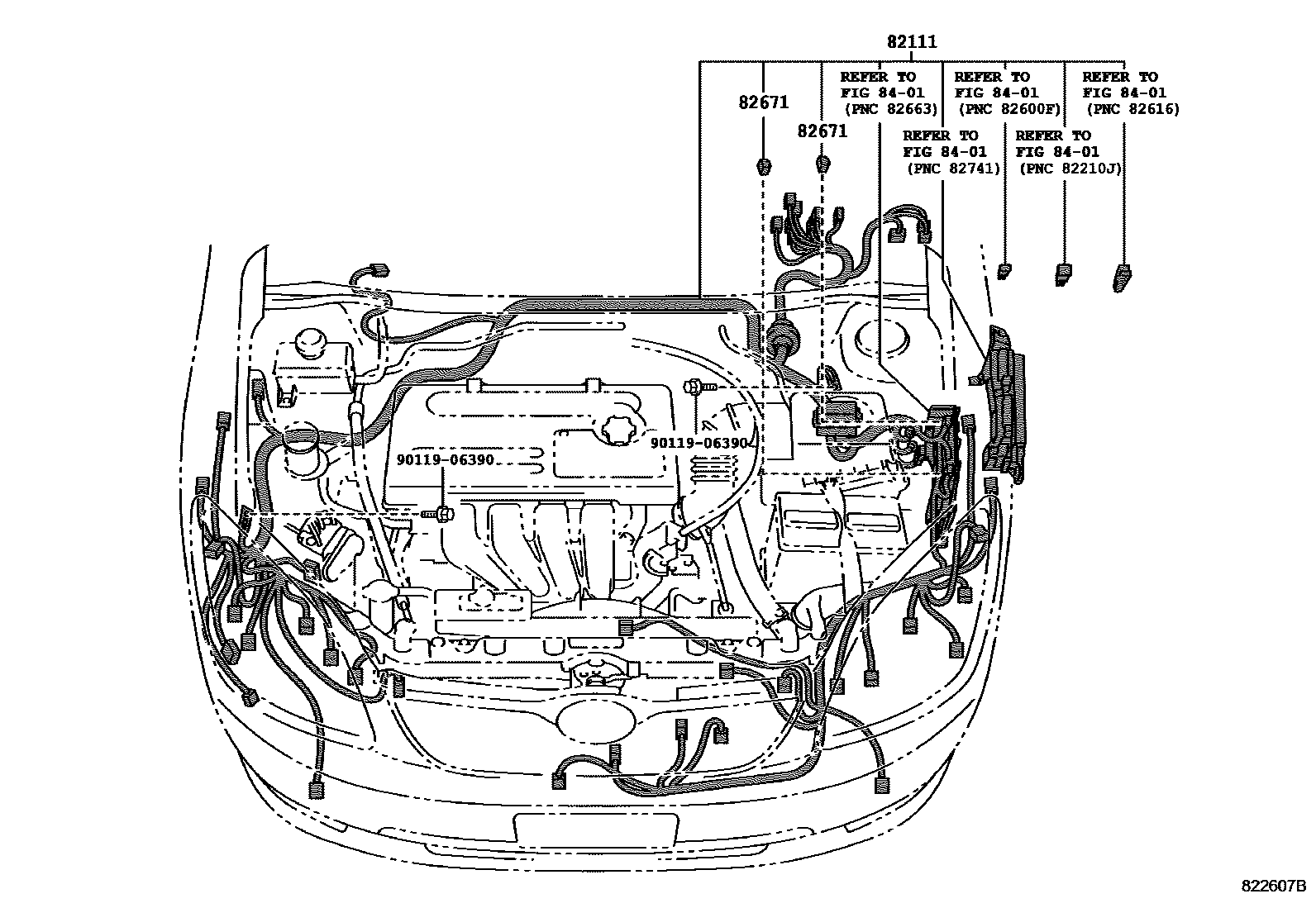 Toyota COROLLA 线束和卡夹 EPC diagram — 822607B
