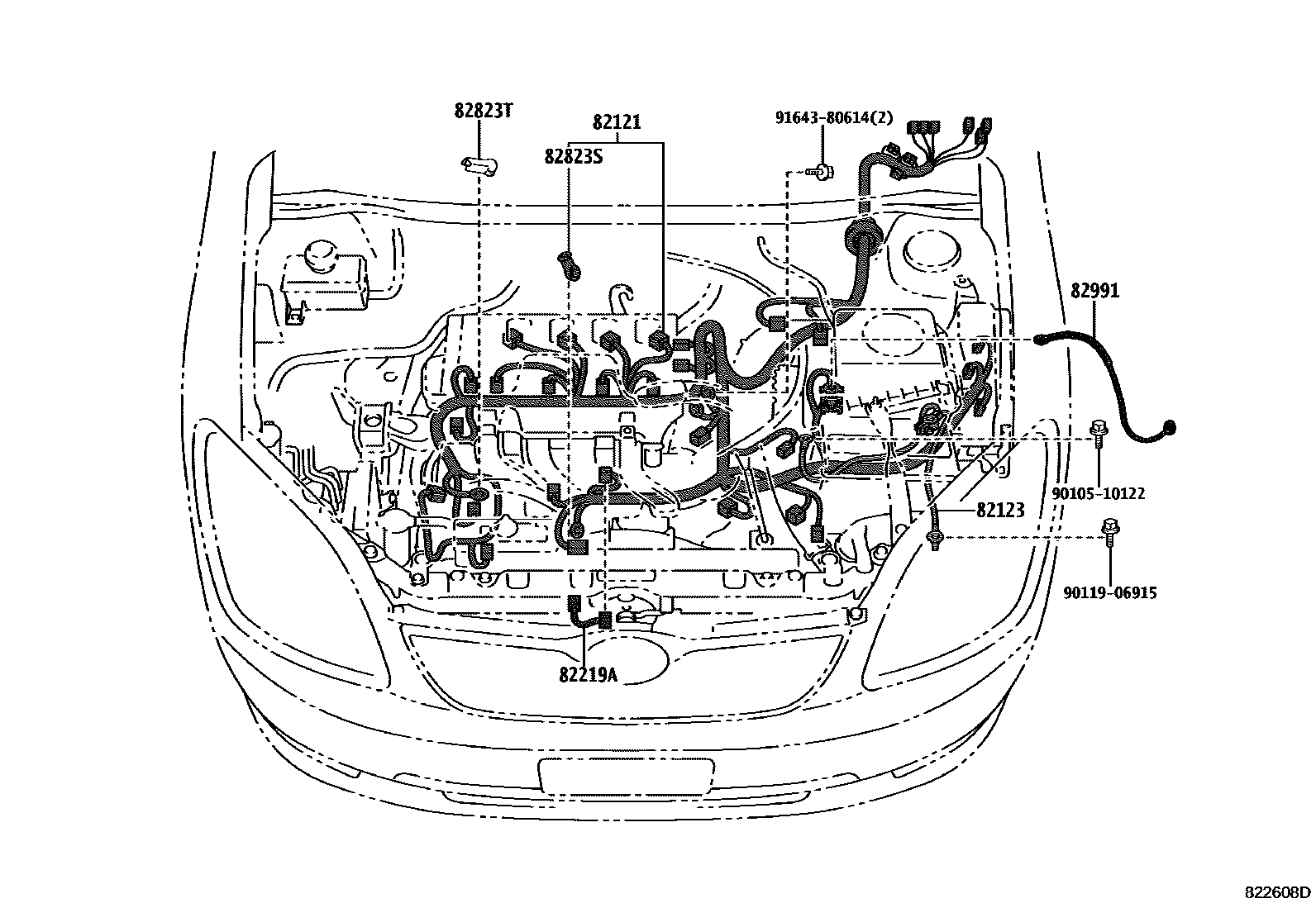 Toyota COROLLA 线束和卡夹 EPC diagram — 822608D