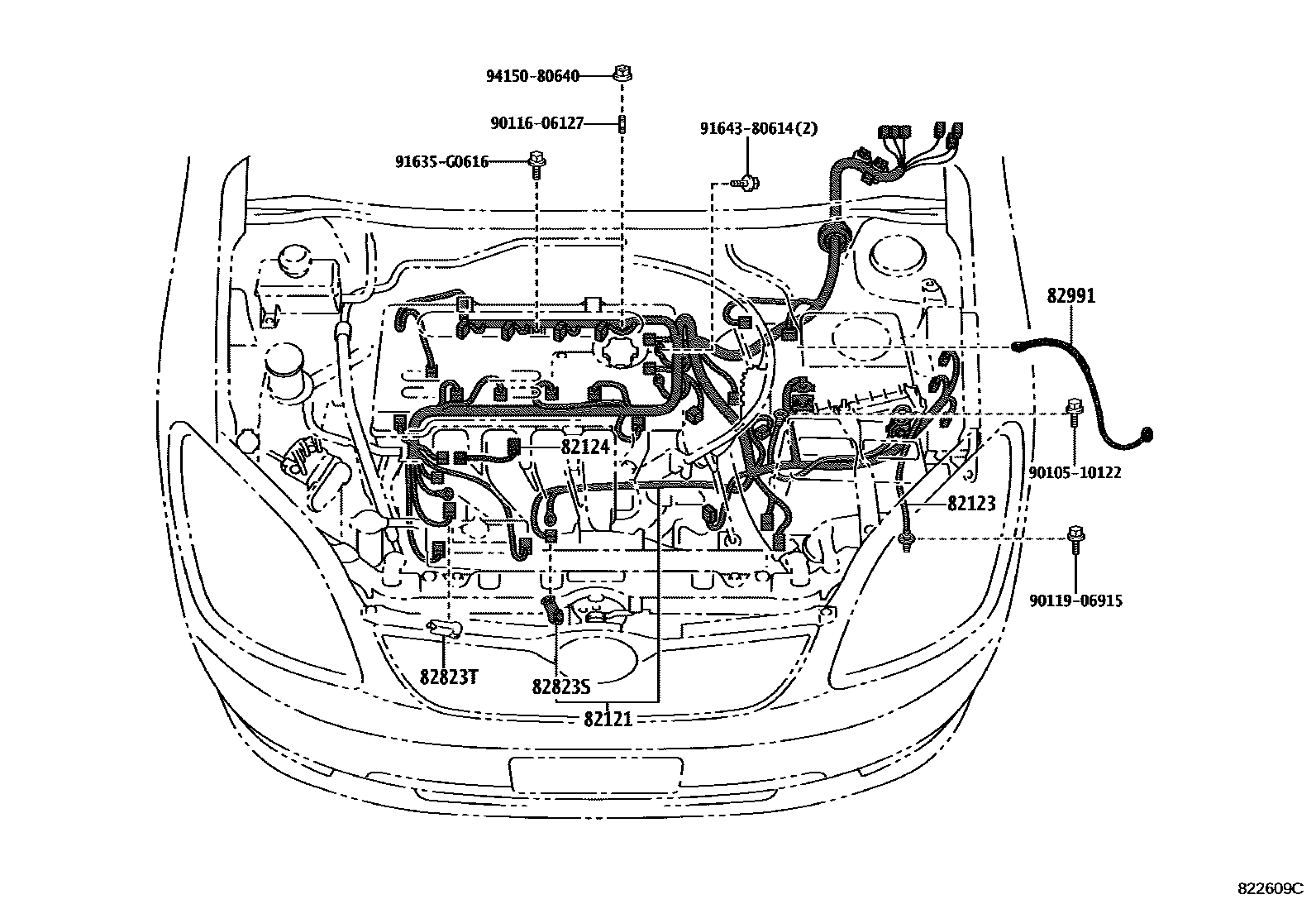 Toyota COROLLA 线束和卡夹 EPC diagram — 822609C