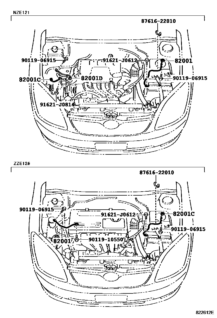 Toyota COROLLA 线束和卡夹 EPC diagram — 822612E