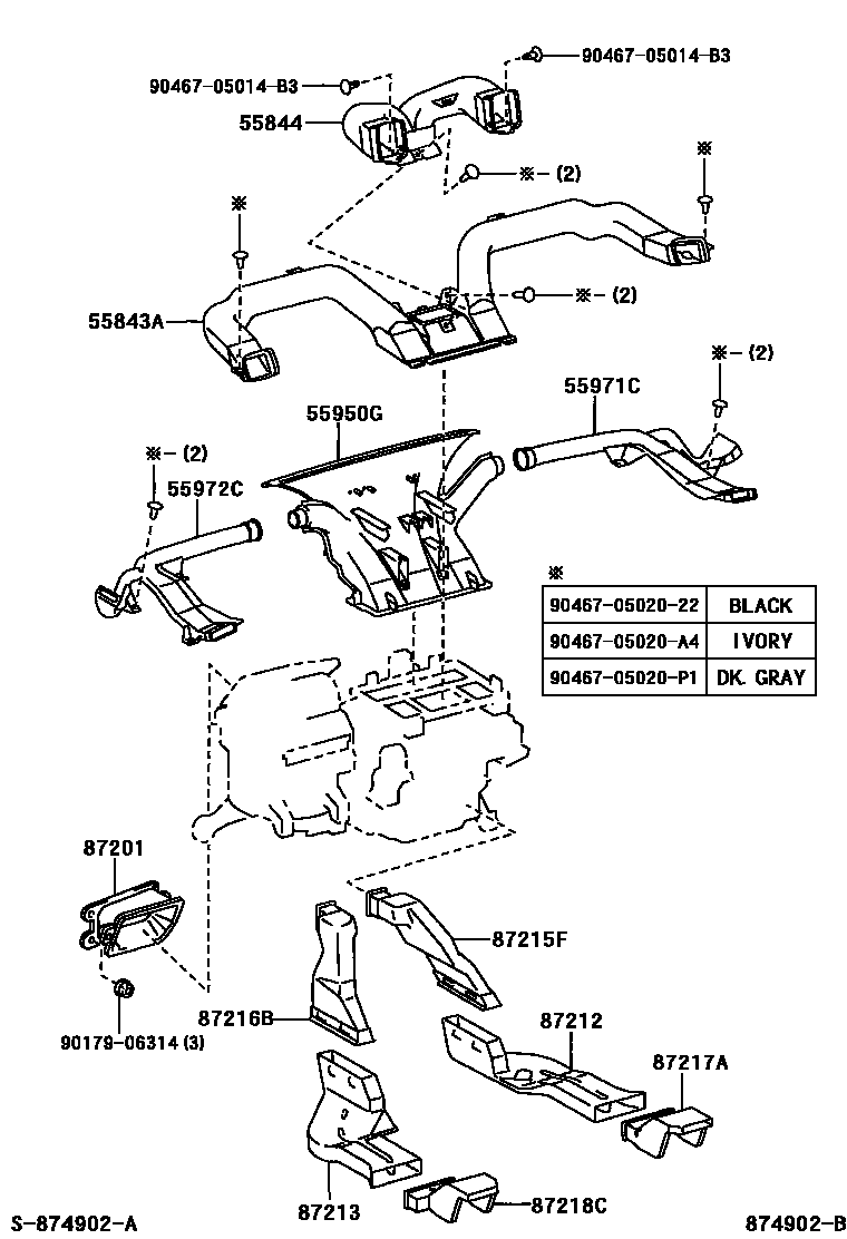 Toyota COROLLA 暖风和空调系统 - 控制器和风管 EPC diagram — 874902B