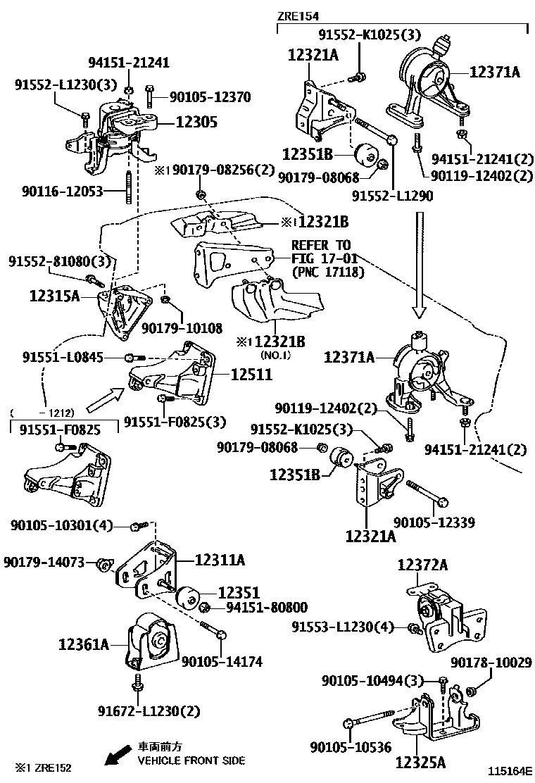 Toyota COROLLA Engine Mounting EPC diagram — 115164E