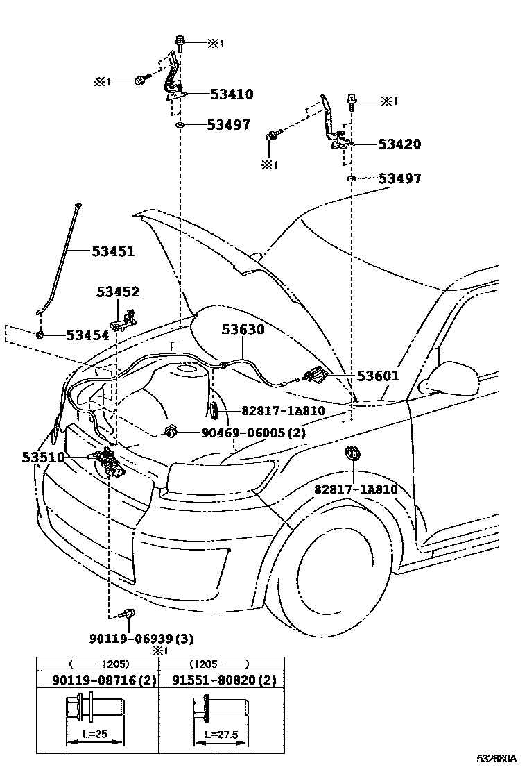 Toyota COROLLA 发动机盖锁和铰链 EPC diagram — 532680A