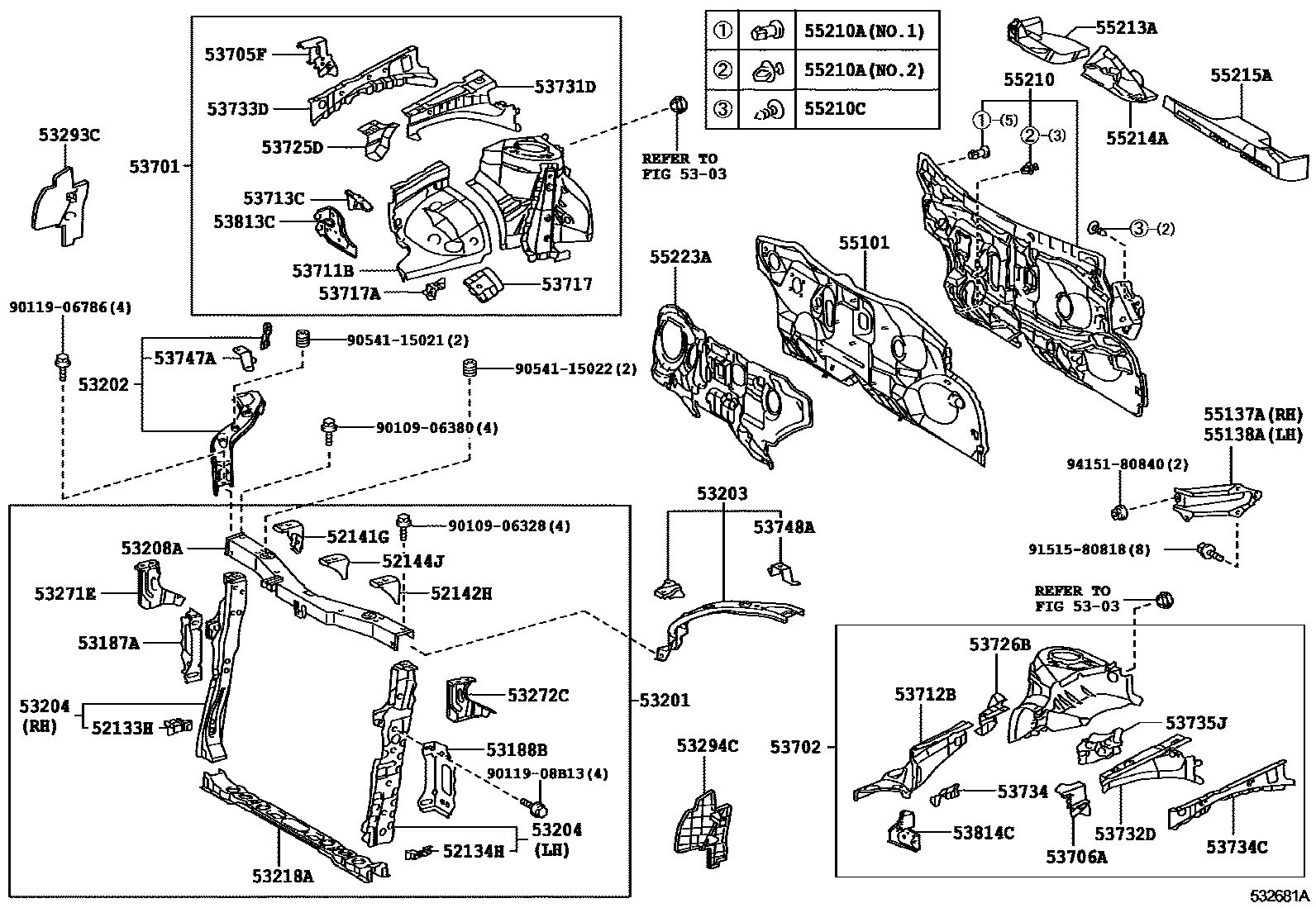 Toyota COROLLA 前翼子板挡泥板和前围板 EPC diagram — 532681A