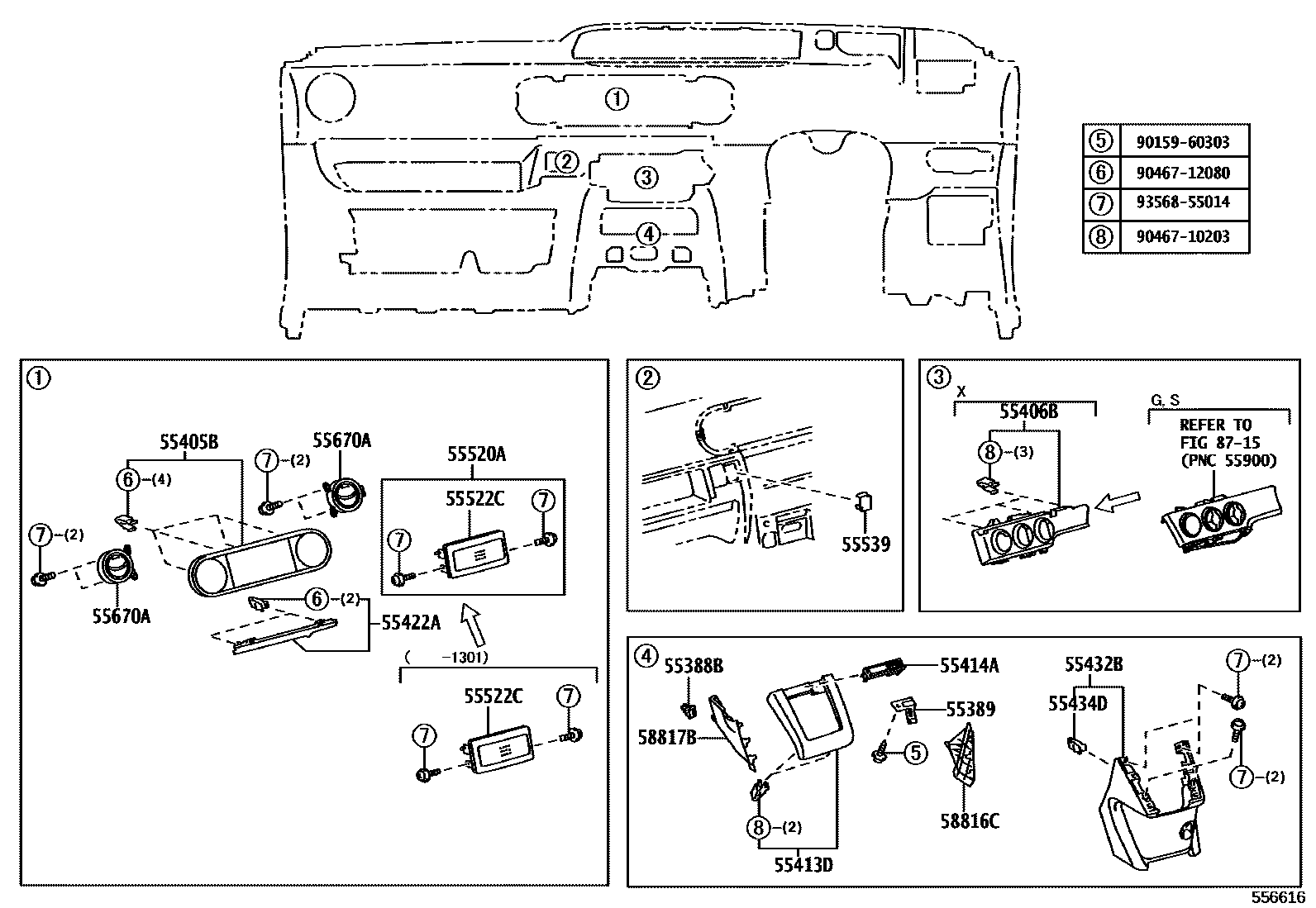 Toyota COROLLA 仪表板和手套箱 EPC diagram — 556616