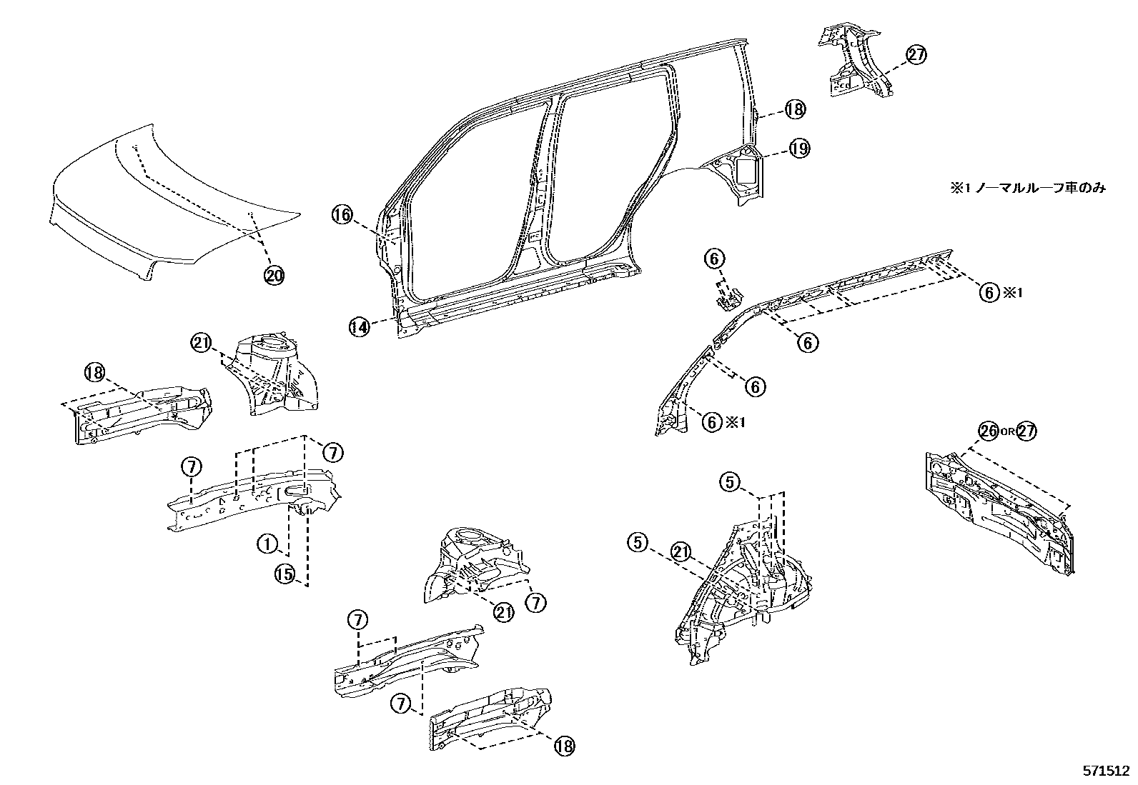 Toyota COROLLA hole plug EPC diagram — 571512
