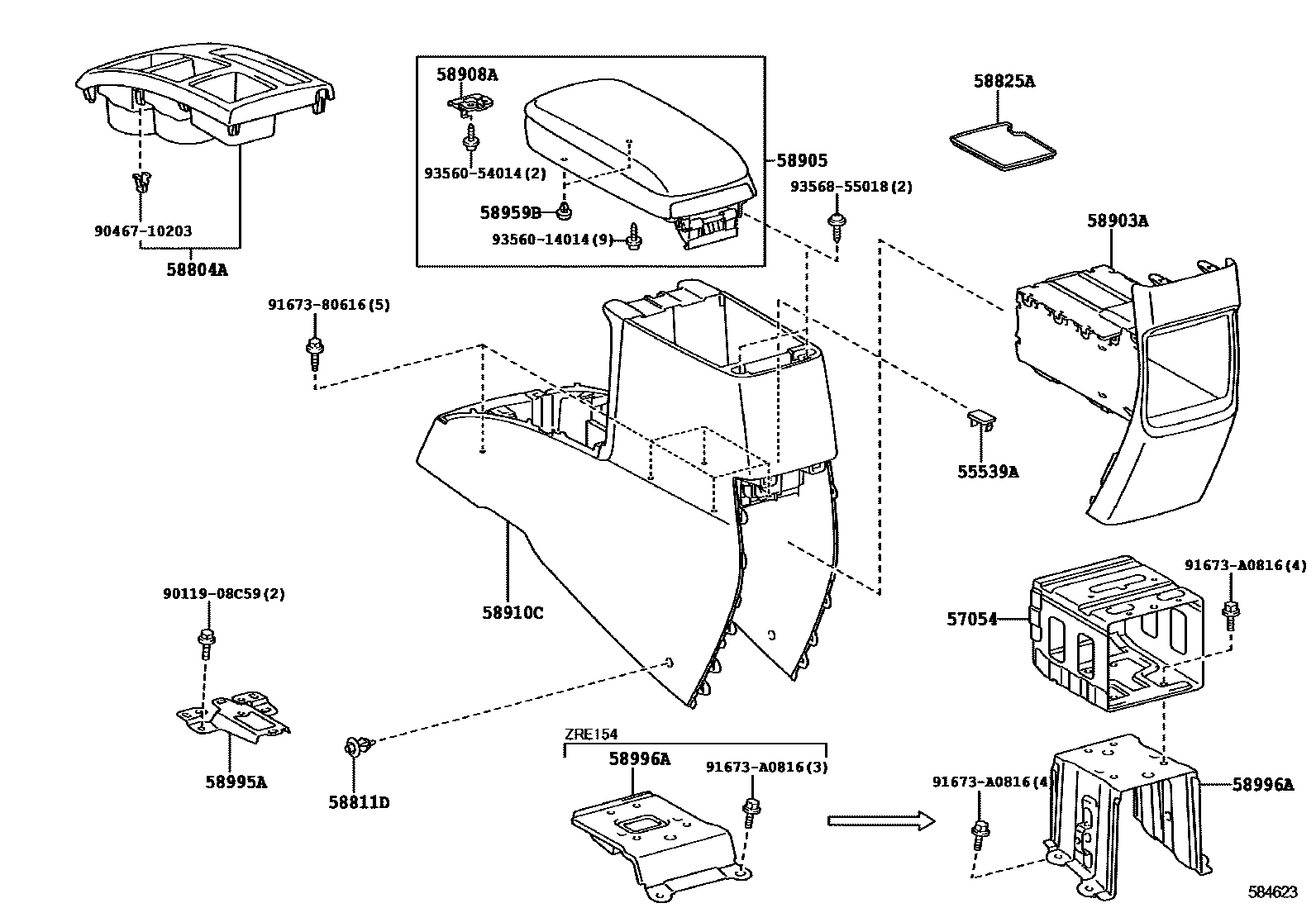 Toyota COROLLA 中央扶手箱和支架 EPC diagram — 584623
