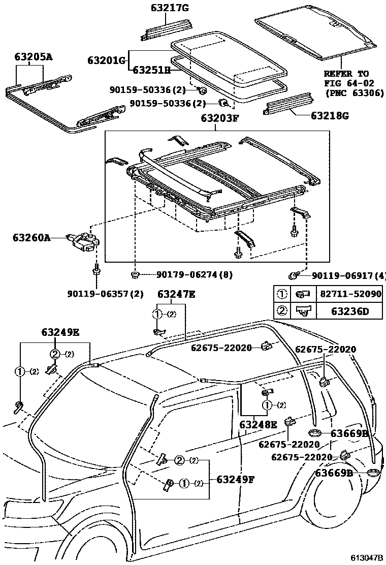 Toyota COROLLA 天窗板和背窗玻璃 EPC diagram — 613047B