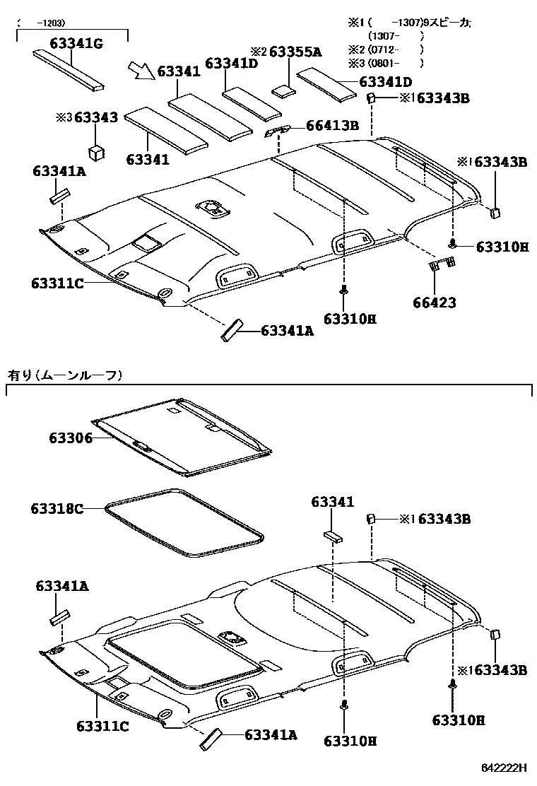 Toyota COROLLA 车顶内衬和消声垫 EPC diagram — 642222H