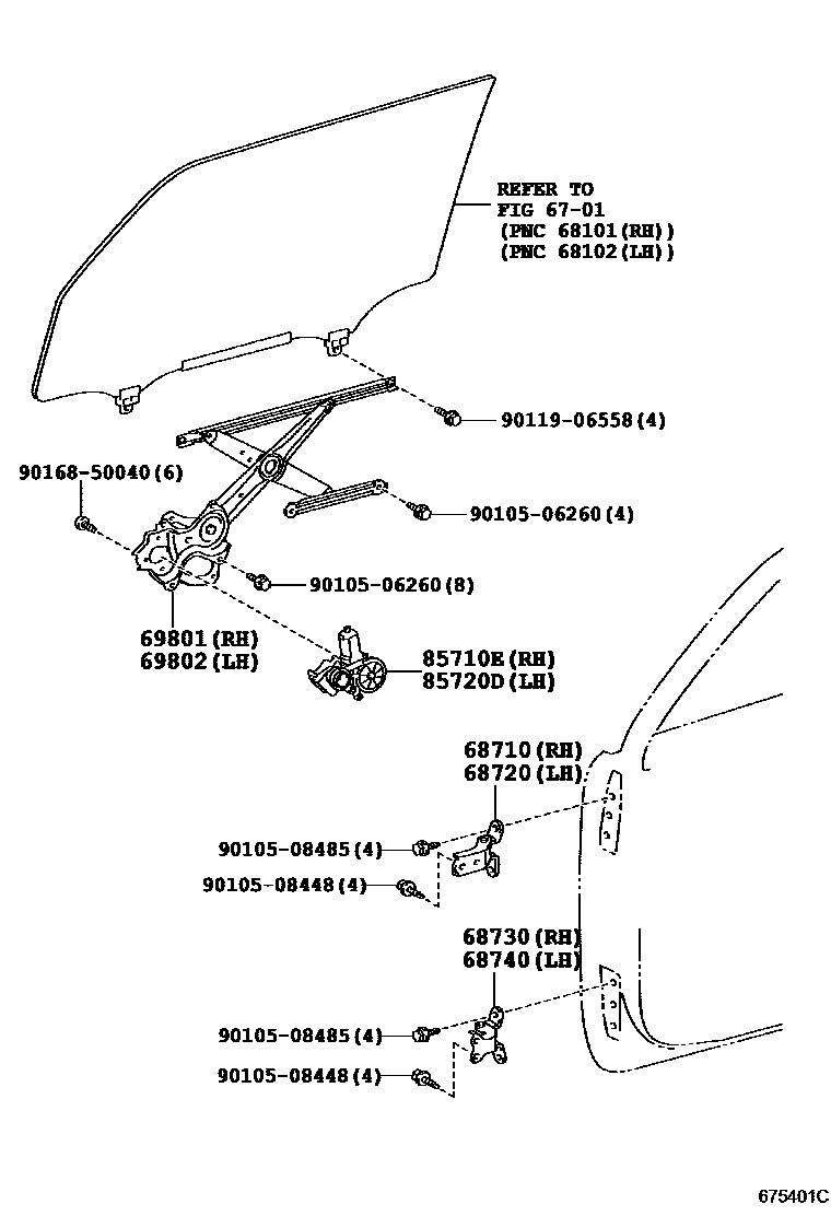 Toyota COROLLA 前门车窗升降器和合页 EPC diagram — 675401C