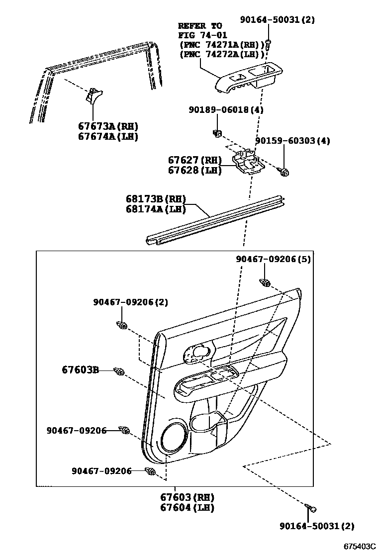 Toyota COROLLA 后门板和后门玻璃 EPC diagram — 675403C
