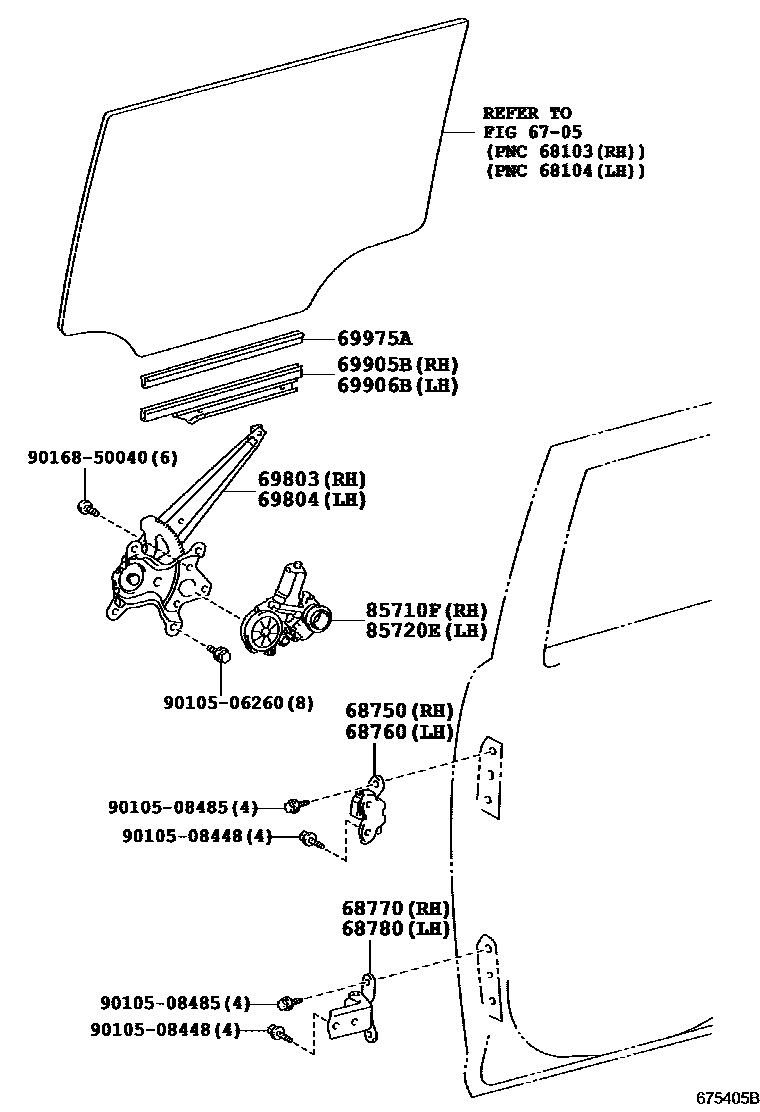Toyota COROLLA 后门车窗升降器和合页 EPC diagram — 675405B