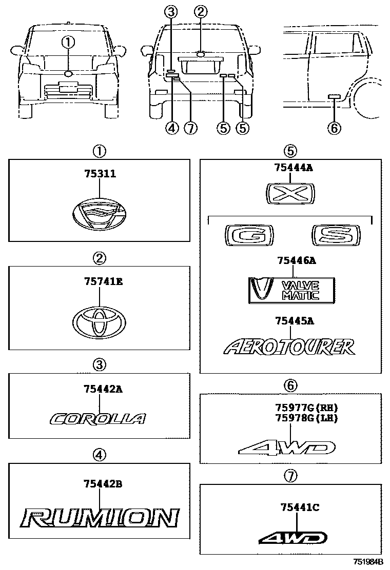 Toyota COROLLA 丰田徽标和铭牌(车外和车内) EPC diagram — 751984B