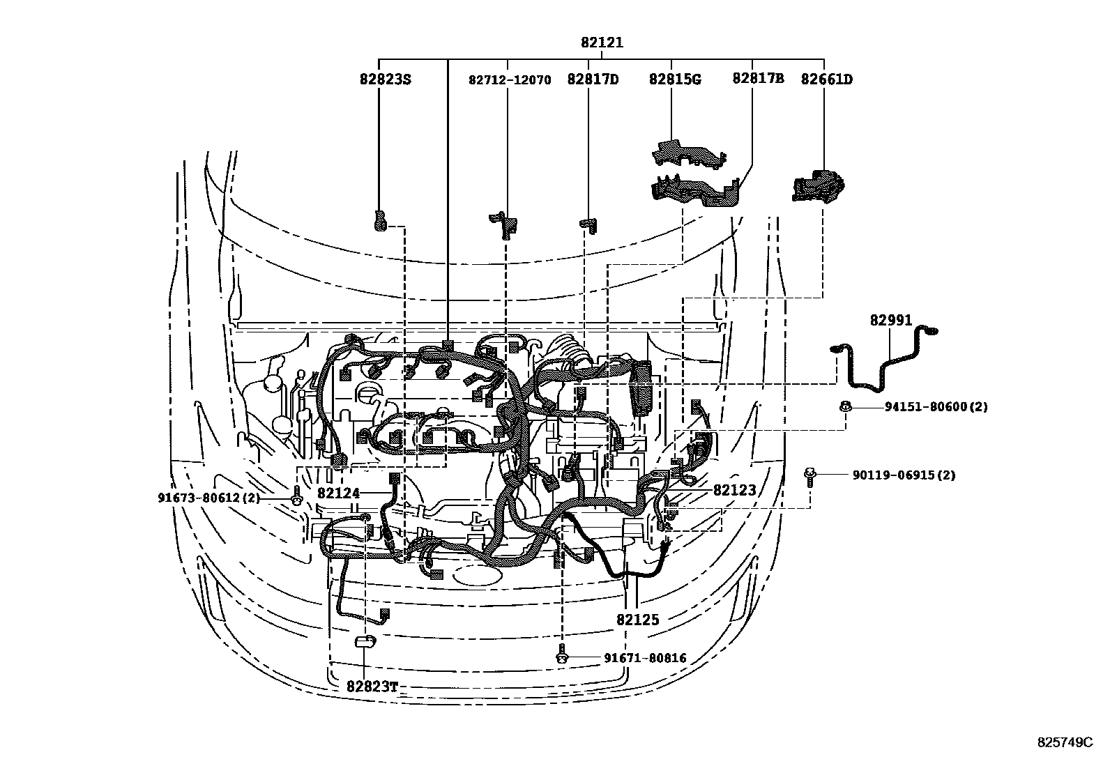 Toyota COROLLA 线束和卡夹 EPC diagram — 825749C