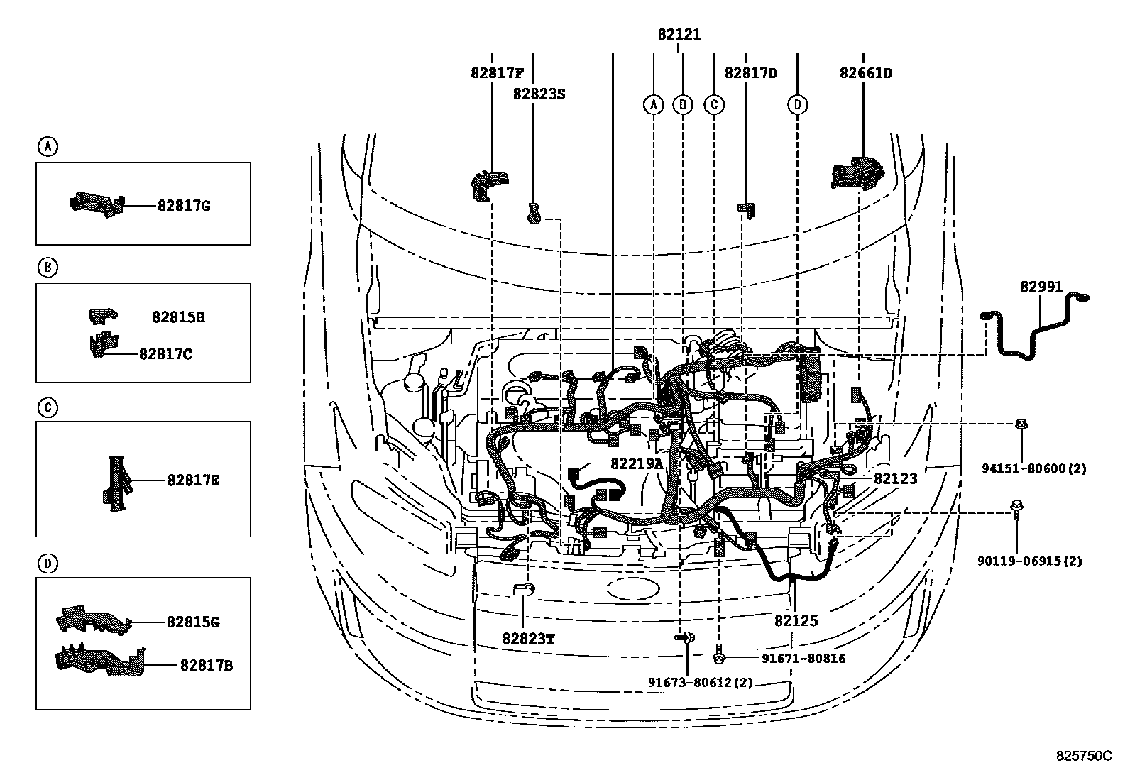 Toyota COROLLA 线束和卡夹 EPC diagram — 825750C