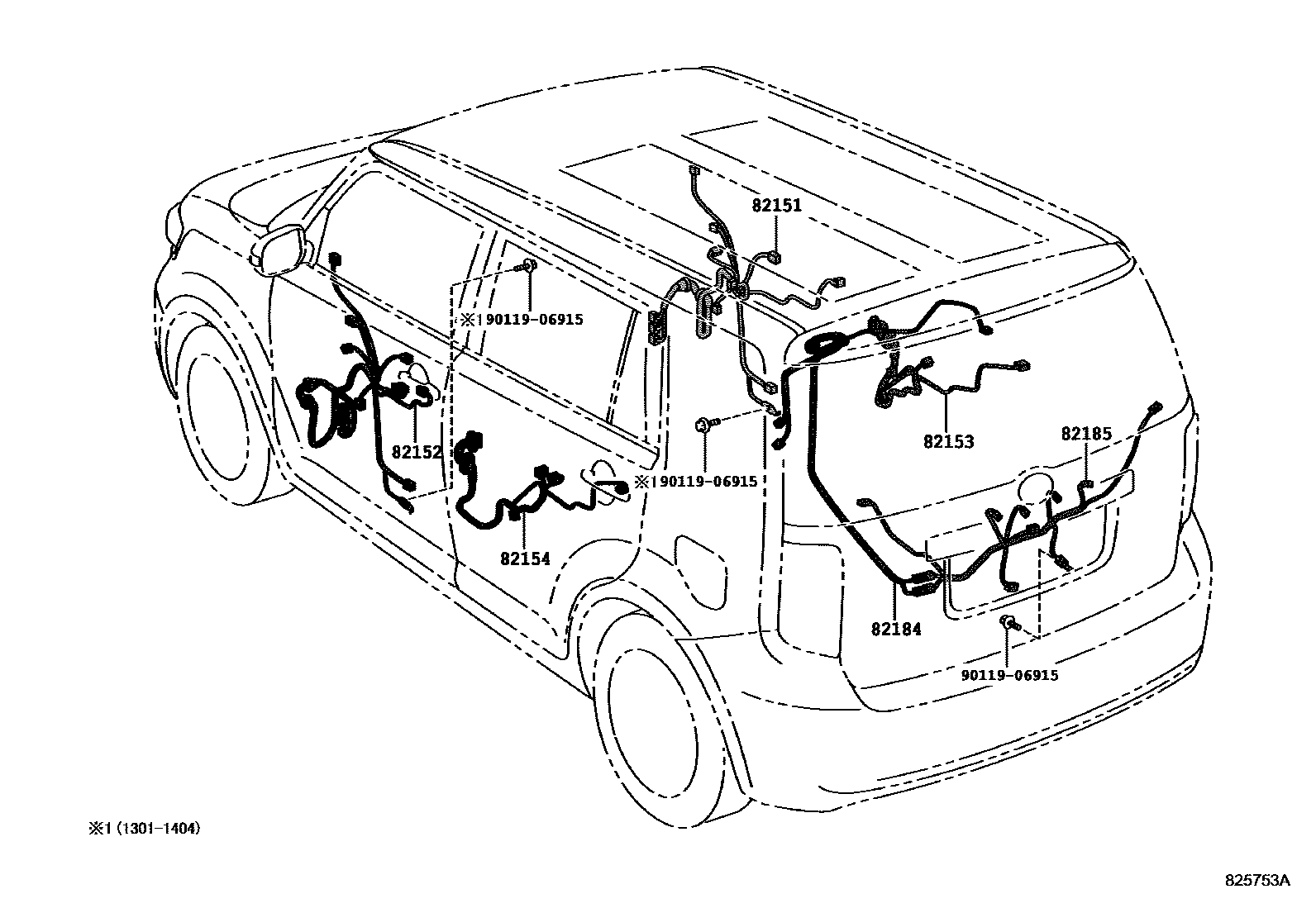 Toyota COROLLA 线束和卡夹 EPC diagram — 825753A