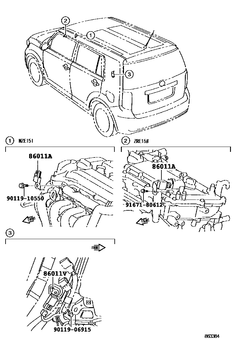 Toyota COROLLA 收音机、放大器和冷凝器 EPC diagram — 863384