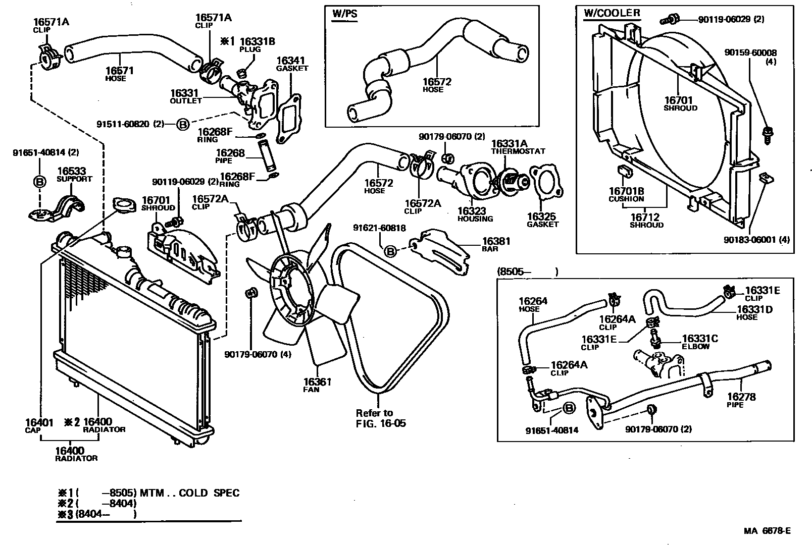 Toyota COROLLA RADIATOR & WATER OUTLET EPC diagram — MA6678E