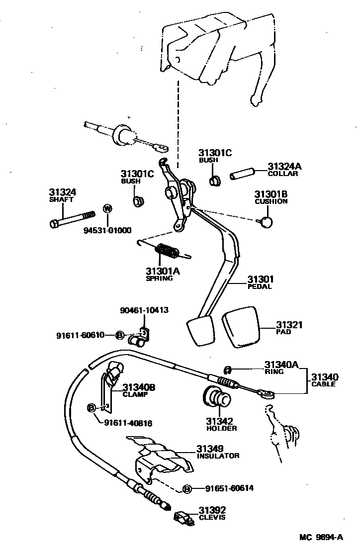 Toyota COROLLA 离合器踏板和挠性软管 EPC diagram — MC9694A