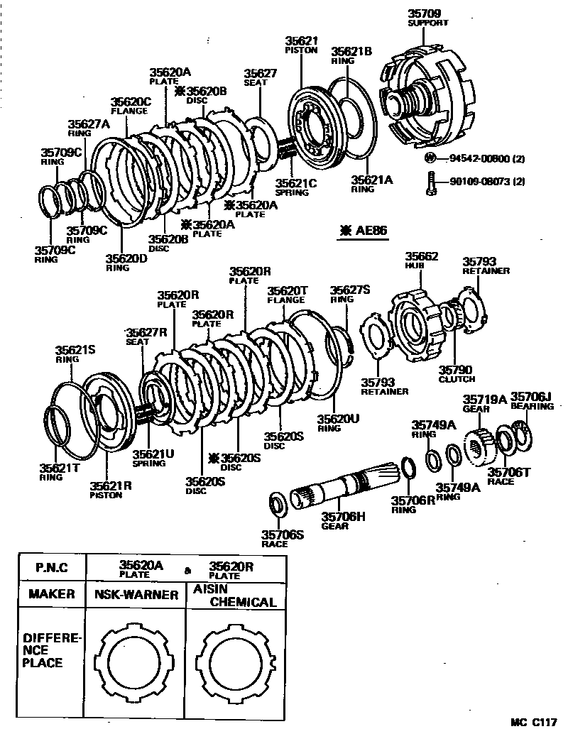 Toyota COROLLA 中央支架和行星太阳齿轮(ATM) EPC diagram — MCC117