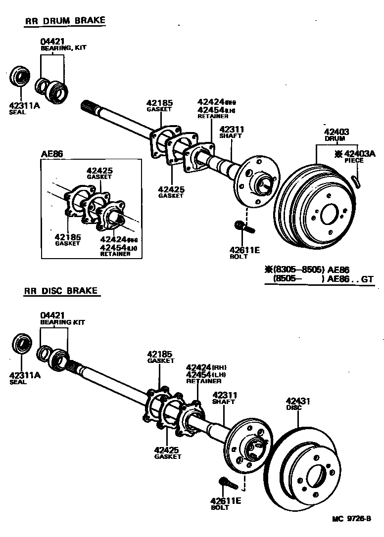 Toyota COROLLA 后桥半轴和后桥轮毂 EPC diagram — MC9726B