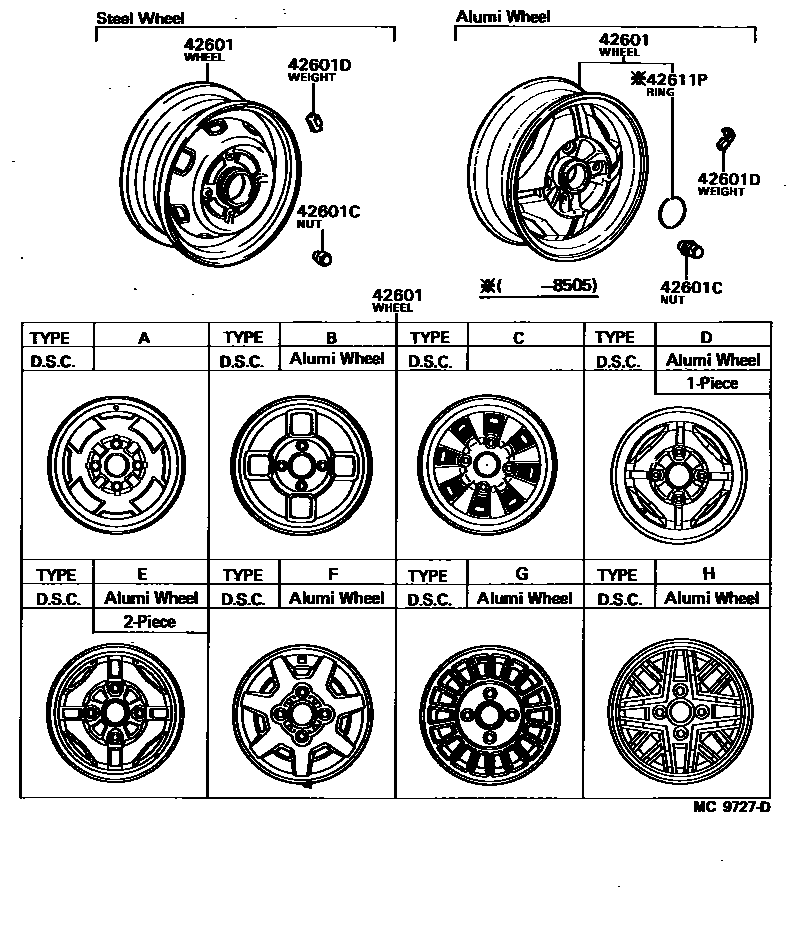 Toyota COROLLA 车轮和车轮盖 EPC diagram — MC9727D