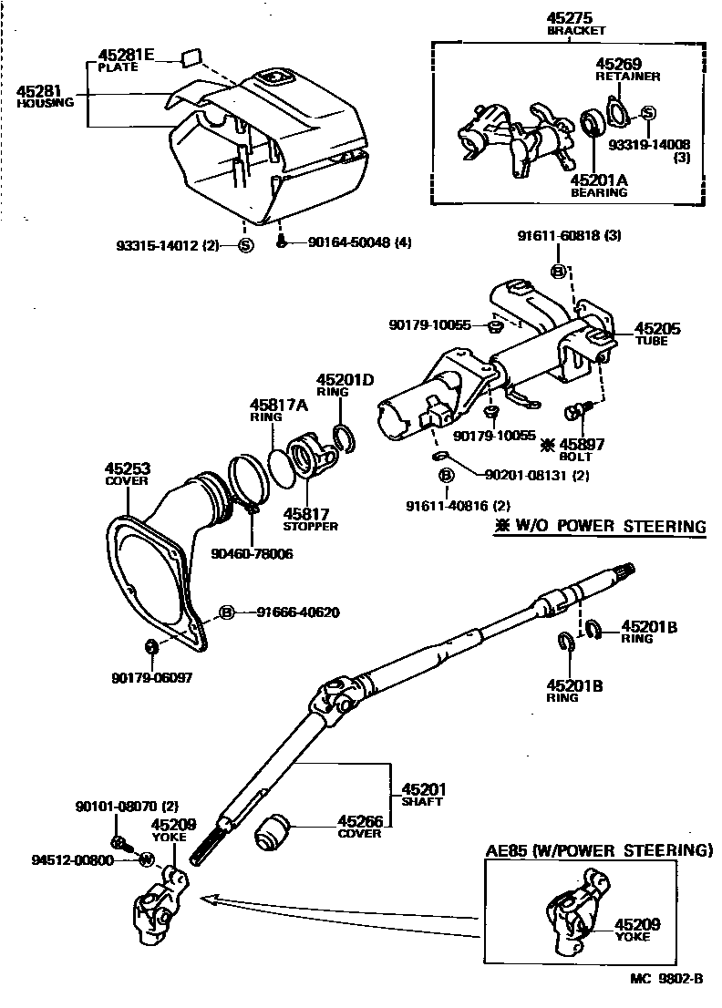 Toyota COROLLA Steering Column & Shaft EPC diagram — MC9802B