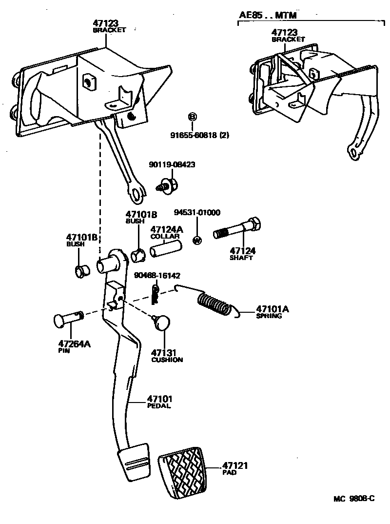 Toyota COROLLA Brake Pedal & Bracket EPC diagram — MC9808C