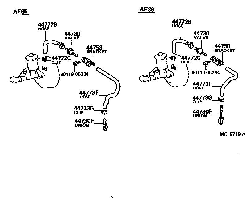 Toyota COROLLA 制动助力器和真空管 EPC diagram — MC9719A