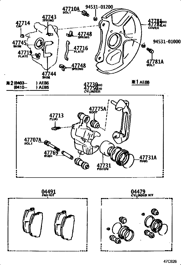 Toyota COROLLA 前盘式制动器卡钳和防尘罩 EPC diagram — 47C826