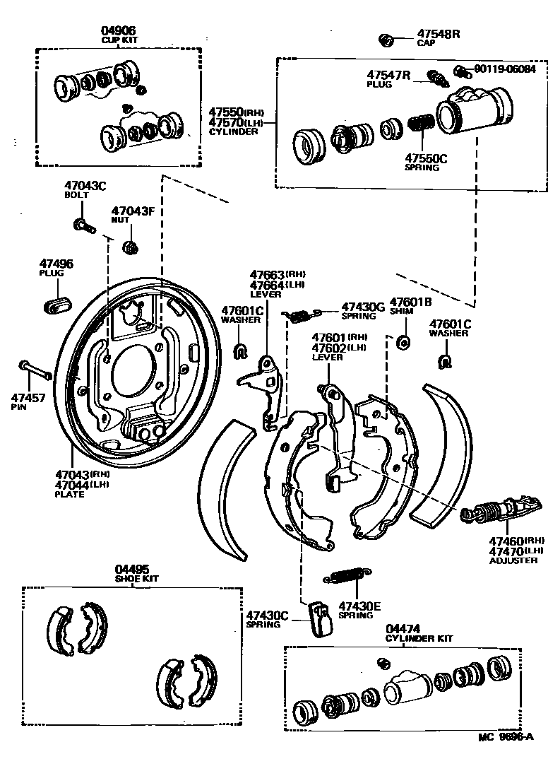 Toyota COROLLA 后鼓式制动器分泵和底板 EPC diagram — MC9696A