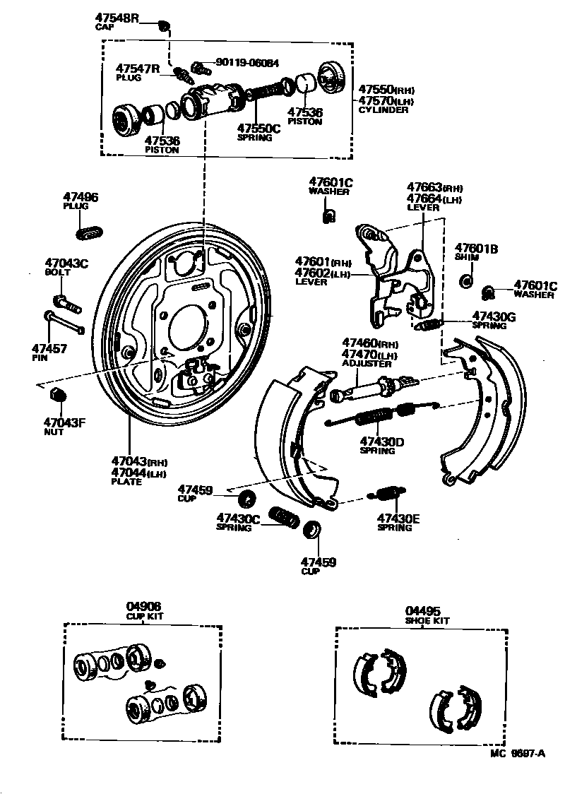 Toyota COROLLA 后鼓式制动器分泵和底板 EPC diagram — MC9697A