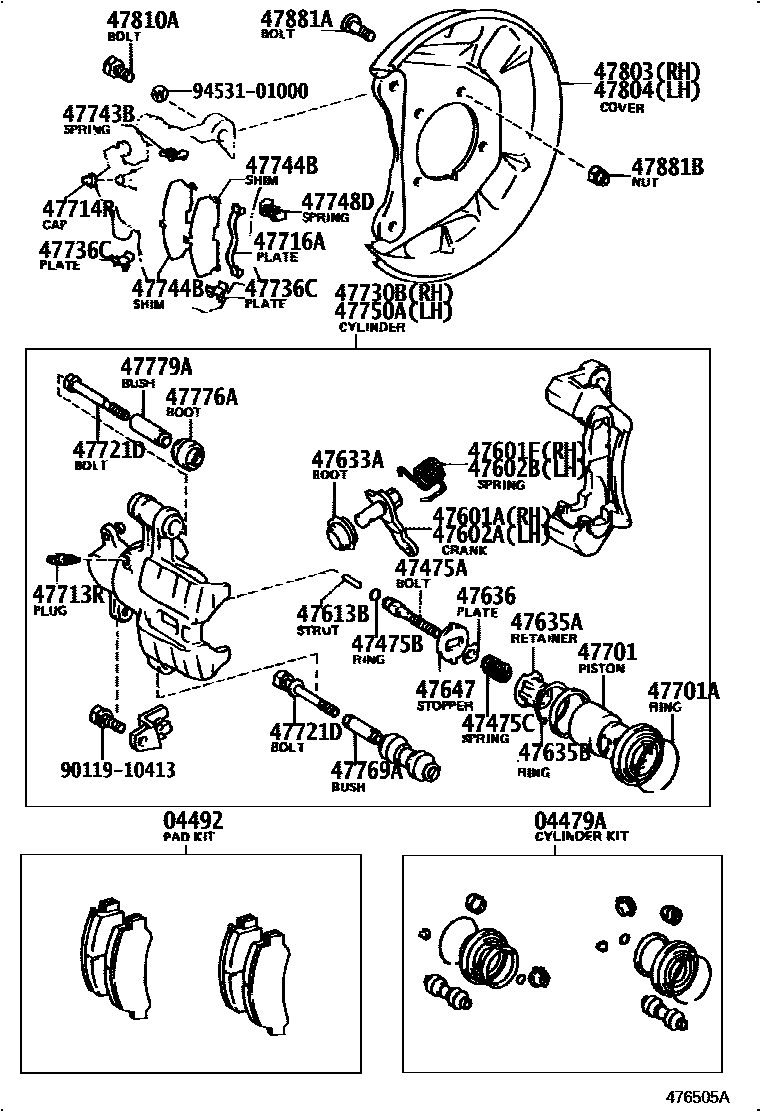 Toyota COROLLA 后盘式制动器卡钳和防尘罩 EPC diagram — 476505A