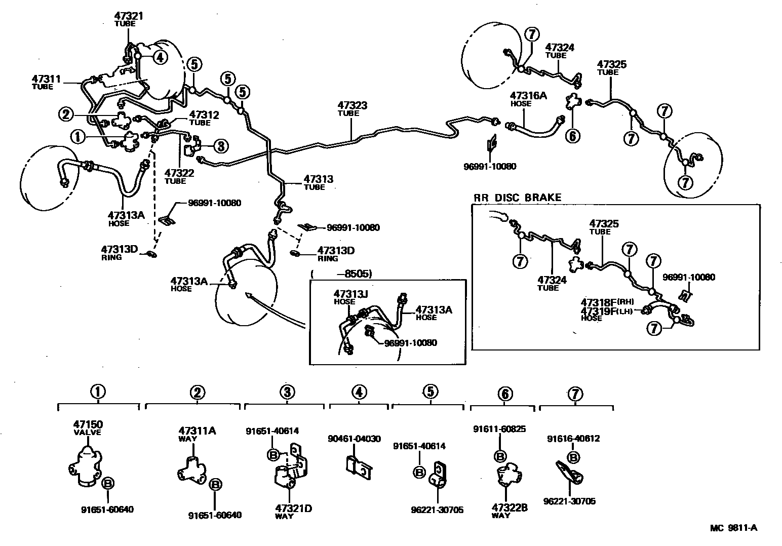 Toyota COROLLA 制动配管和卡箍 EPC diagram — MC9811A