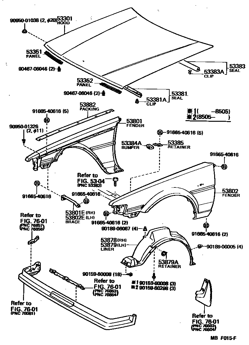 Toyota COROLLA 发动机盖和前翼子板 EPC diagram — MBF015F