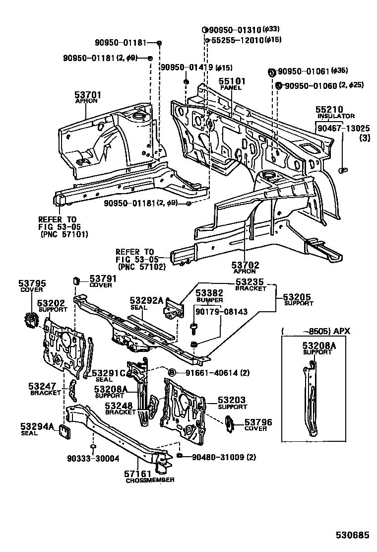 Toyota COROLLA 前翼子板挡泥板和前围板 EPC diagram — 530685