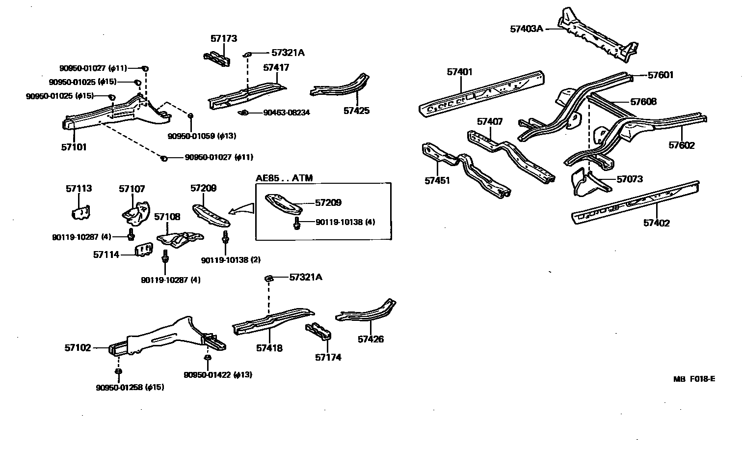 Toyota COROLLA Floor stringers EPC diagram — MBF018E