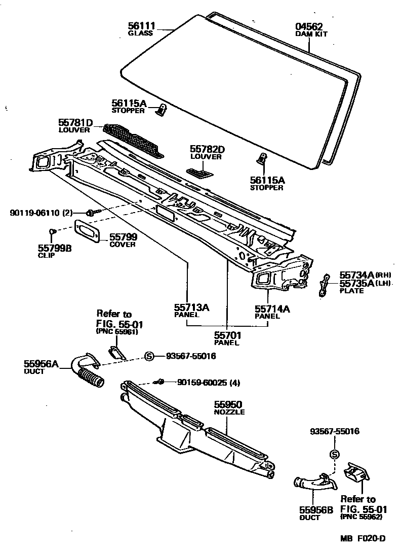 Toyota COROLLA 前围板和挡风玻璃 EPC diagram — MBF020D